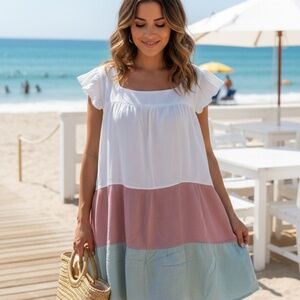 Kiwi + Punch Pastel Color-Block Ruffle Sleeve Dress - L